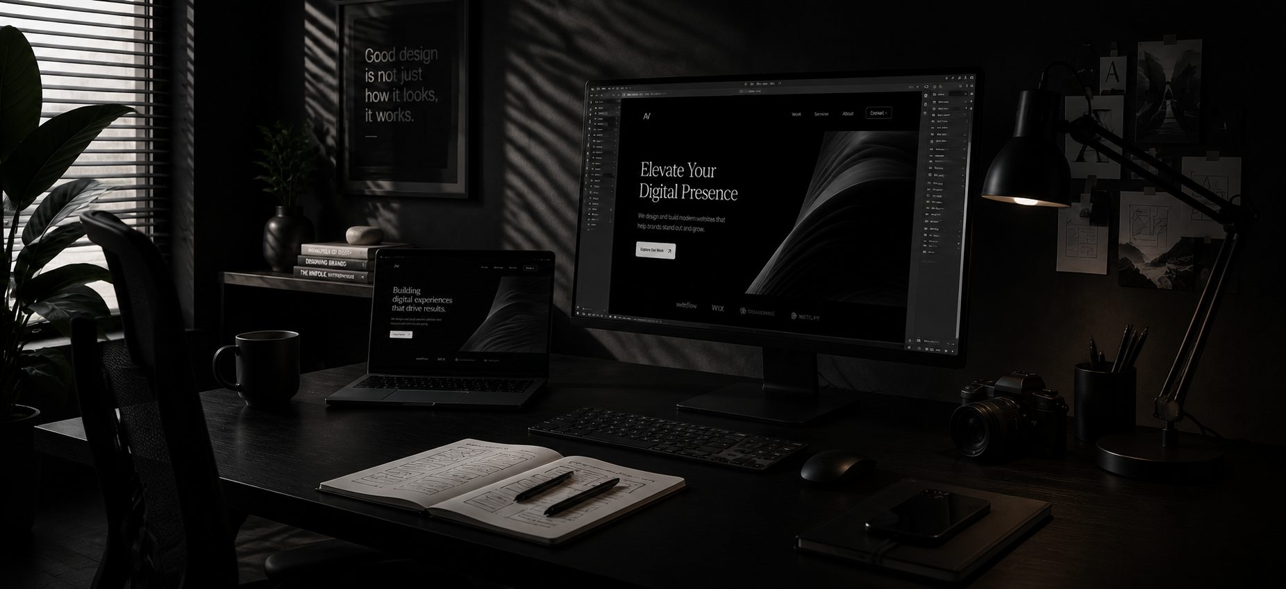 A dark studio workspace with a monitor and laptop showing website designs