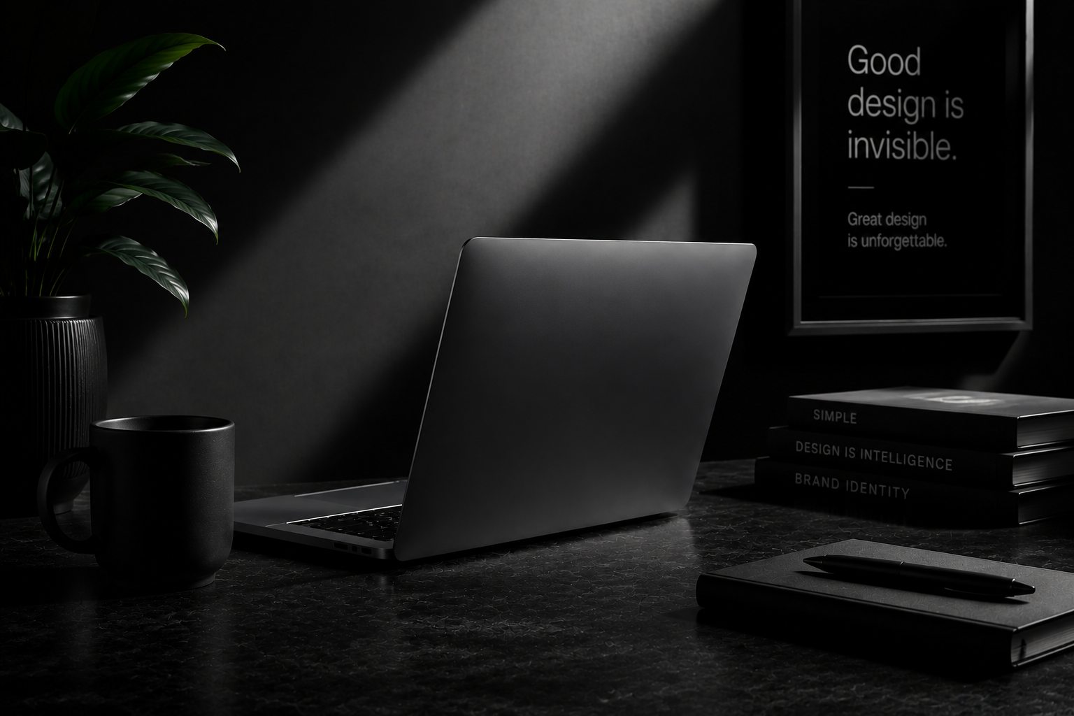 A laptop on a dark desk beside a framed print reading 'Good design is invisible'