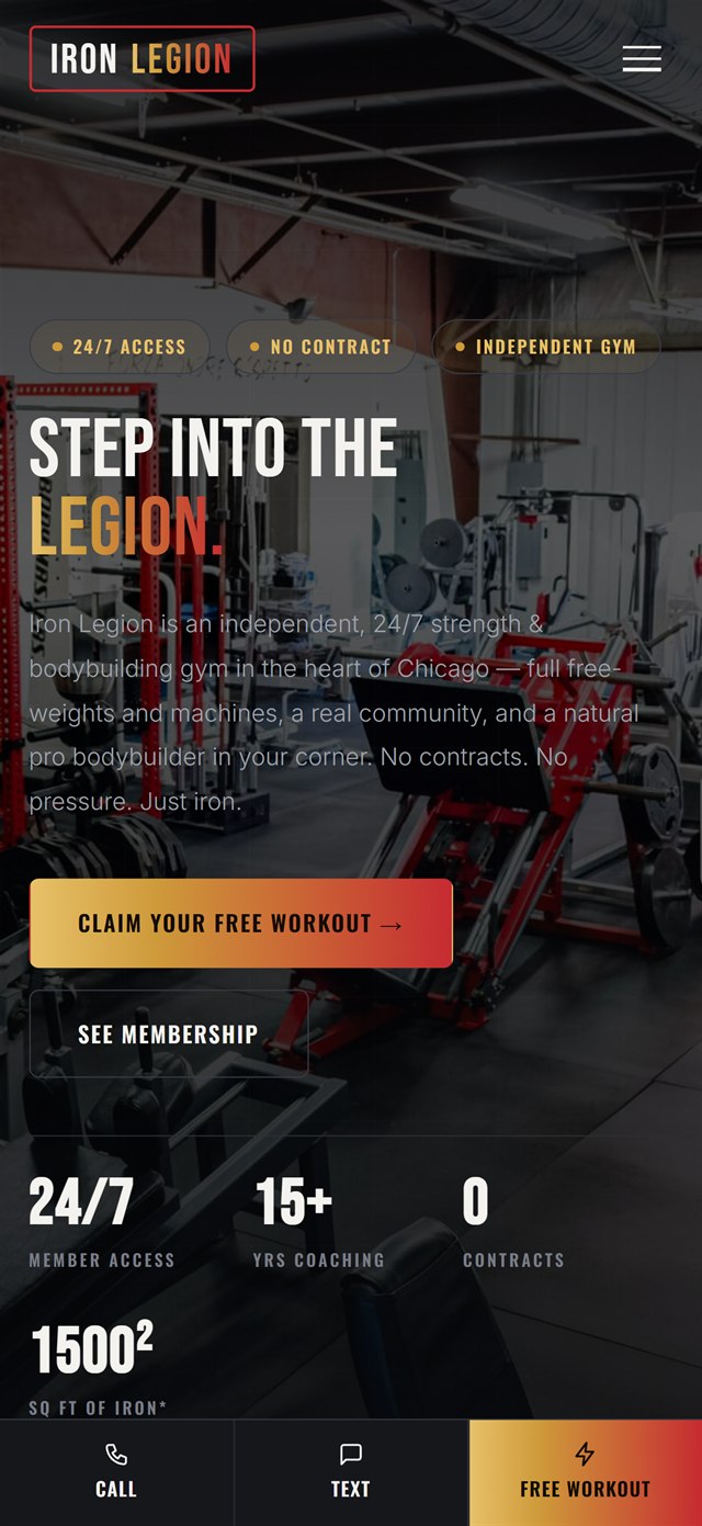 Iron Legion homepage on a phone, showing the hero, stats, and a fixed call bar