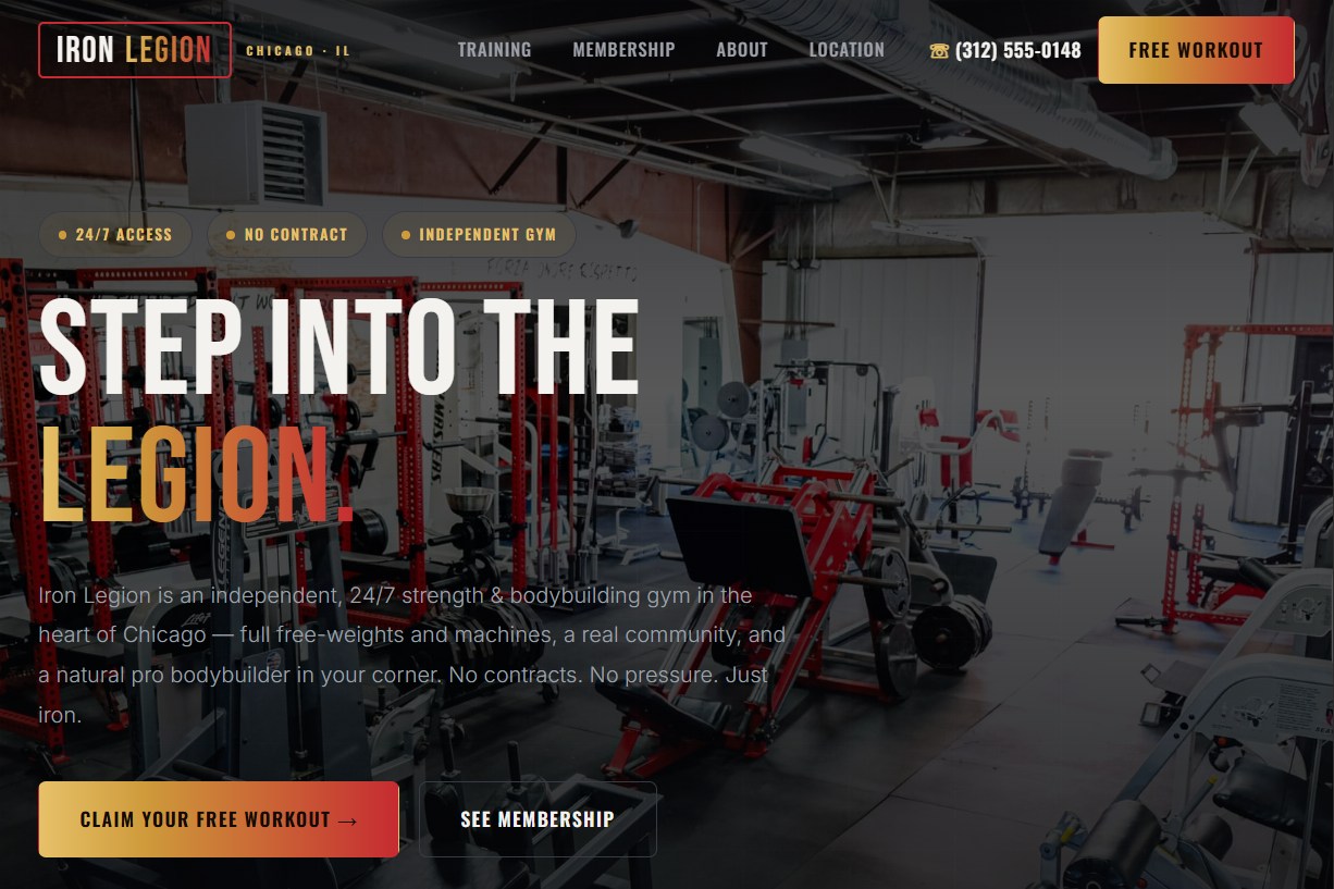 The Iron Legion gym website homepage
